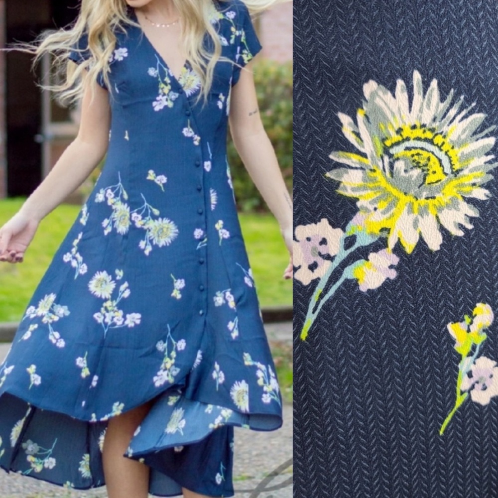 Free People Lost In You Floral Button Front Midi Dress: Blue